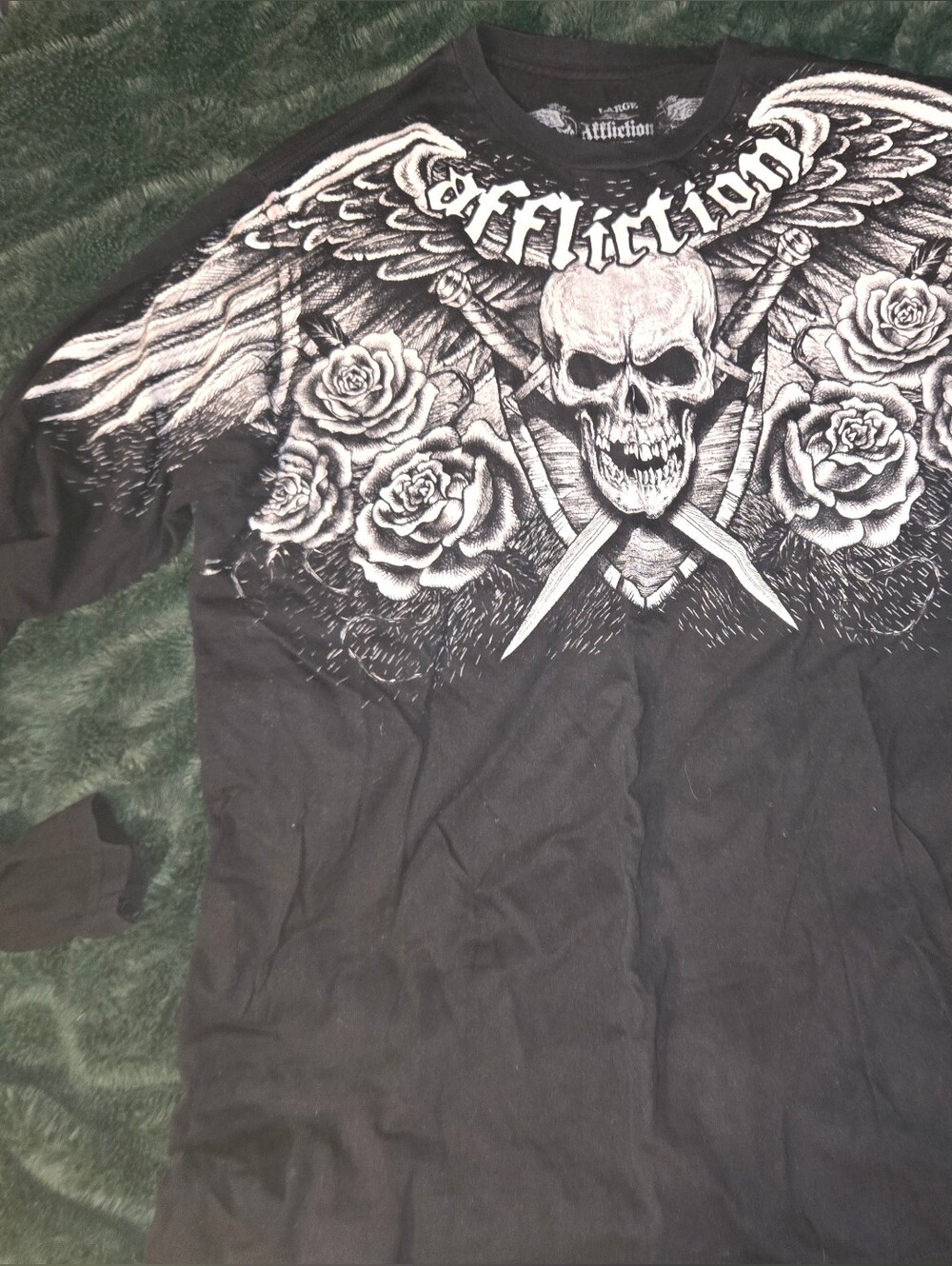 Affliction Black Long Sleeve Graphic Skull & Roses Tee